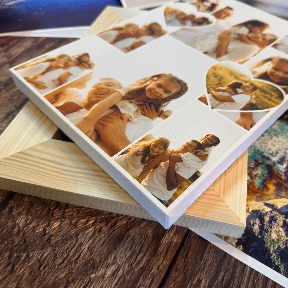 A genuine family photo collage canvas resting on its timber stretcher