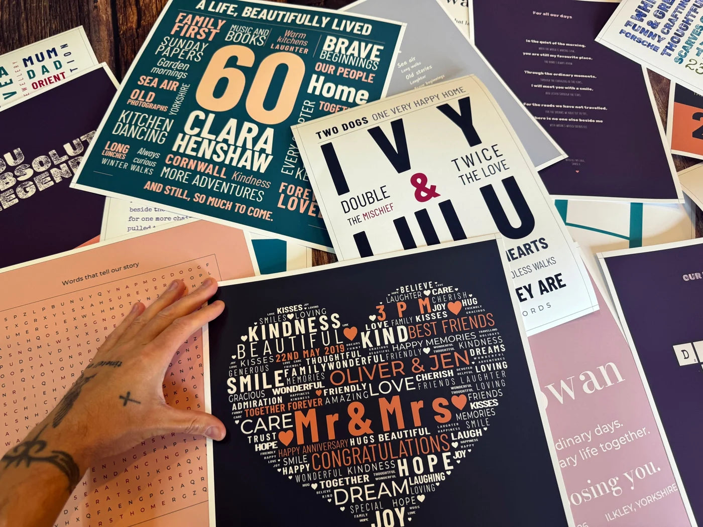 Genuine YI2C Word Art prints including birthday, heart and family wording