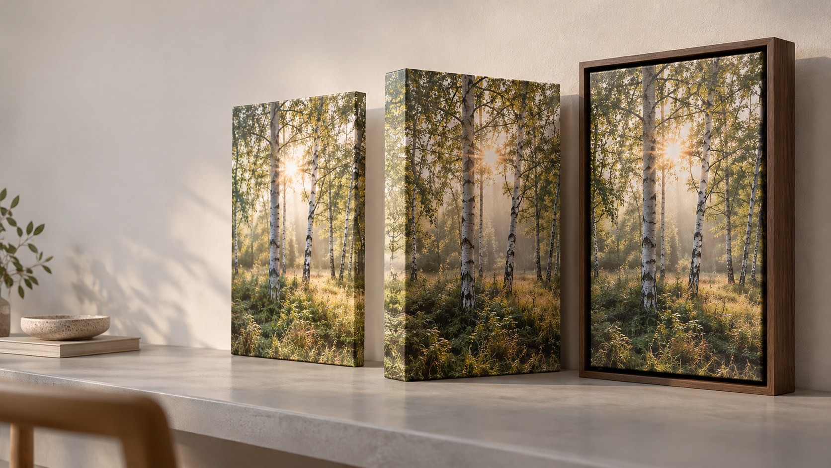 Three illustrated canvas finishes showing a slim edge, a deeper edge and a dark floating frame.