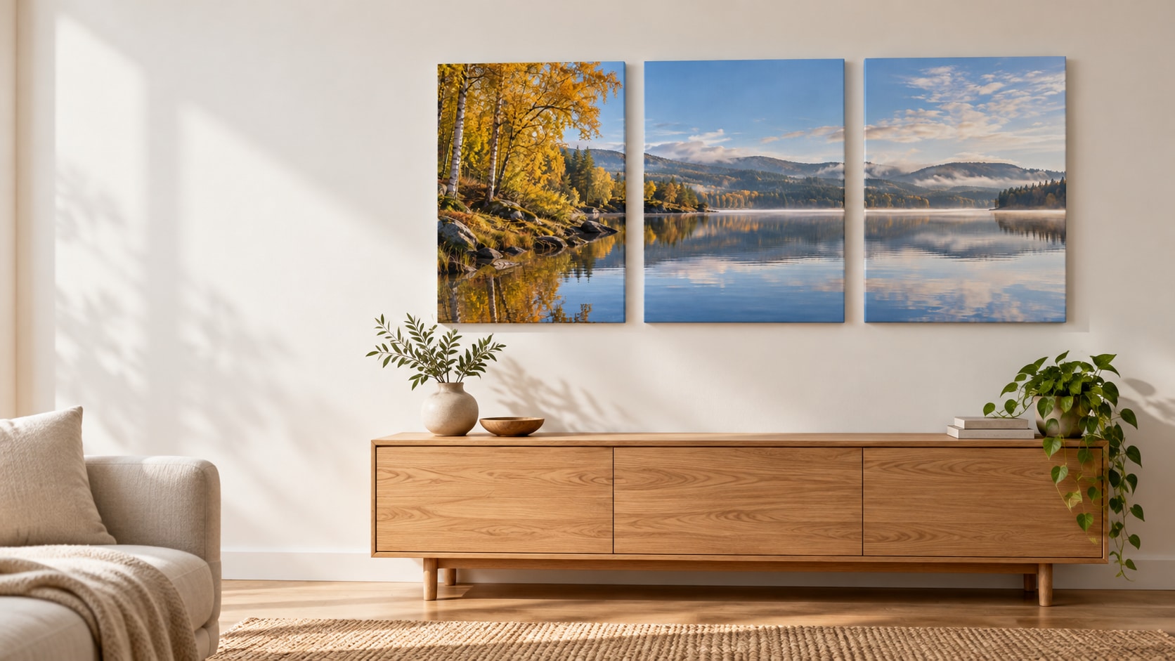 An autumn-lake photograph divided across three aligned portrait canvases above an oak sideboard.