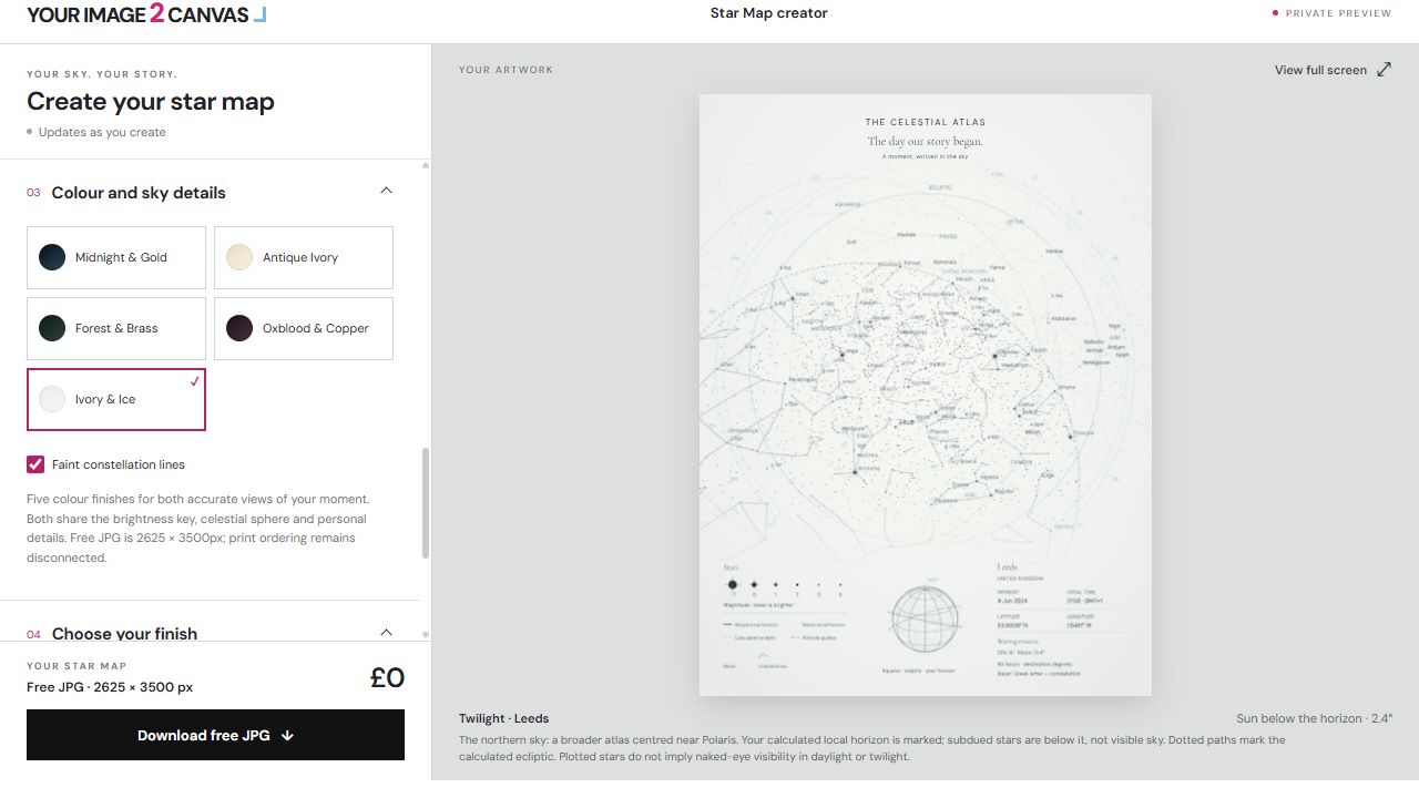 Real private Star Map creator showing artwork colour choices, personalisation controls and the calculated Atlas preview
