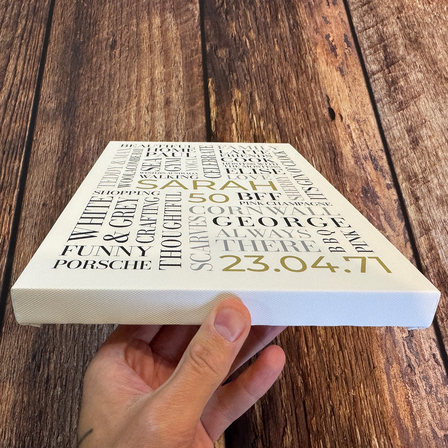 Hand-held Word Art canvas showing its wrapped edge, texture and depth