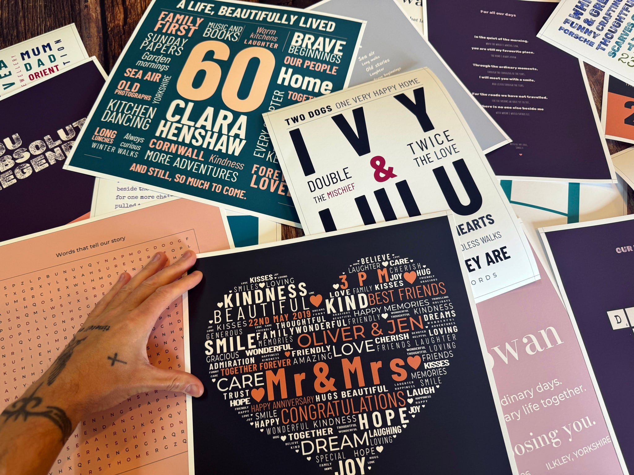 A genuine selection of YI2C personalised Word Art prints, including birthday, pet and heart designs