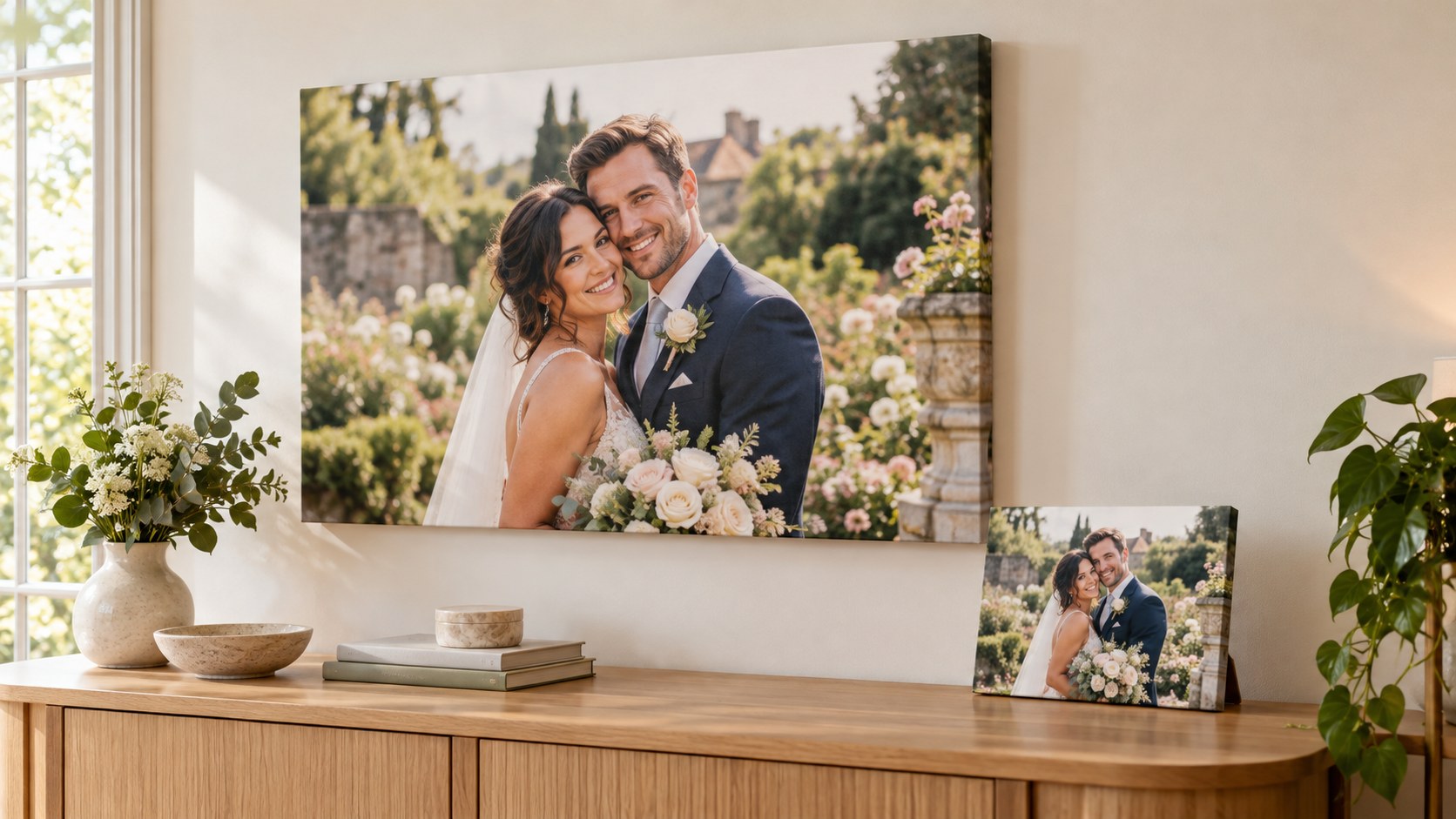 A wedding photograph displayed as a wall canvas and a matching smaller gift canvas on an oak console.