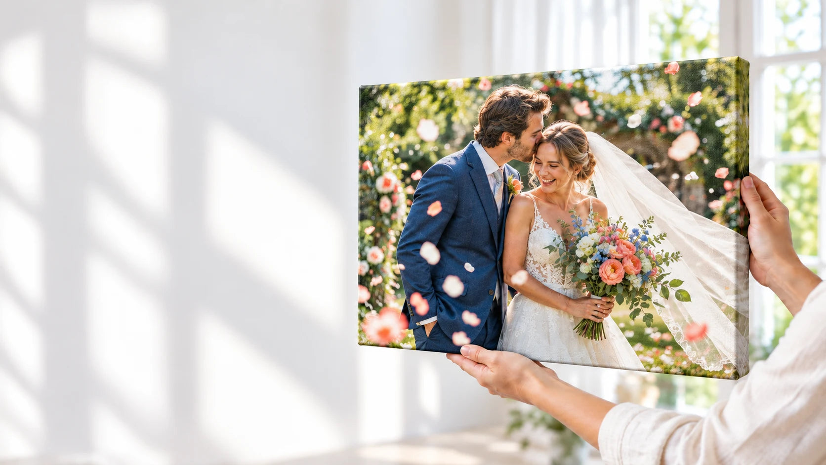 A wedding photograph on stretched canvas, held beside a window in soft daylight.