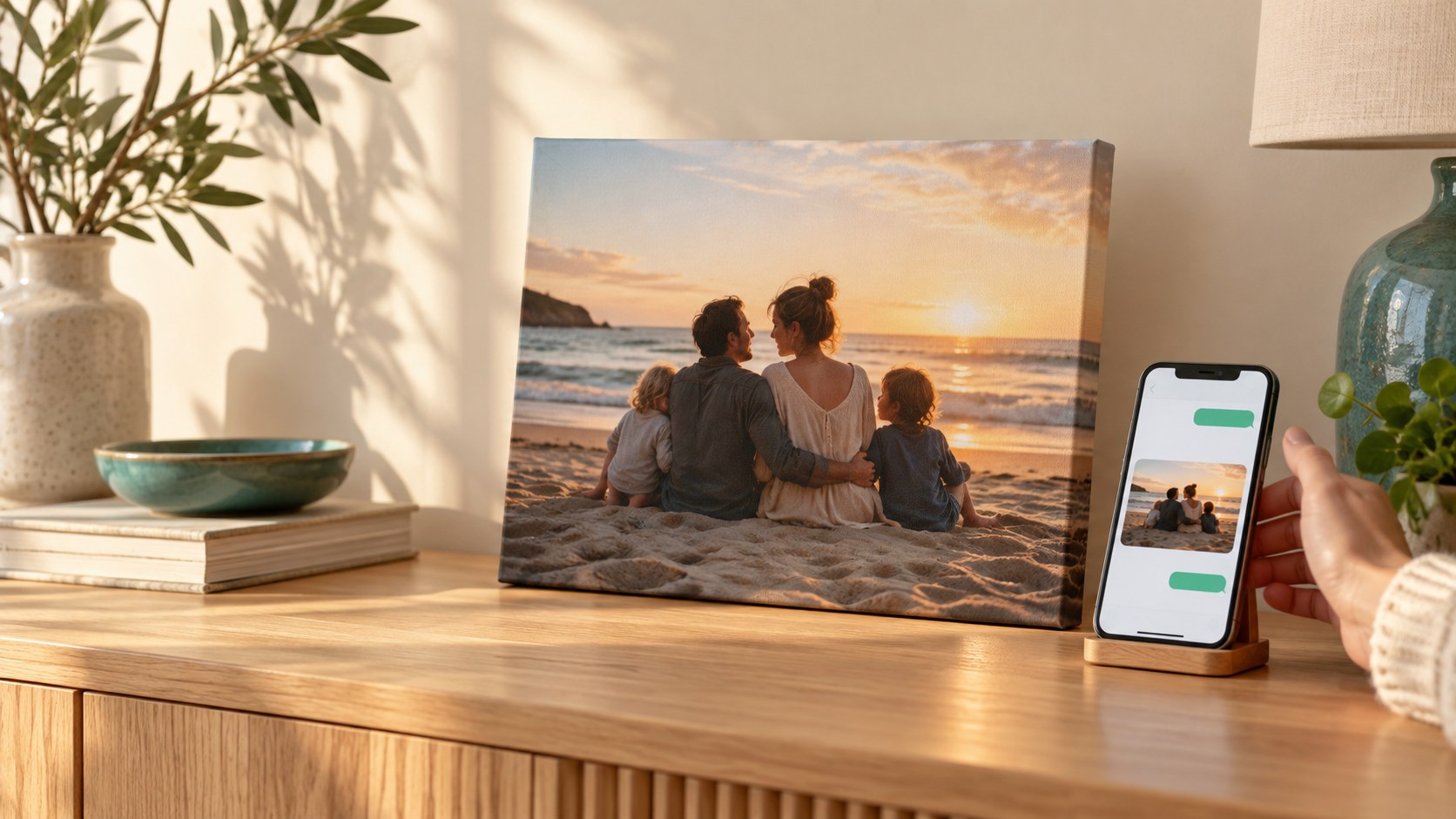 A phone displaying a received family photograph beside a canvas print of the same picture.