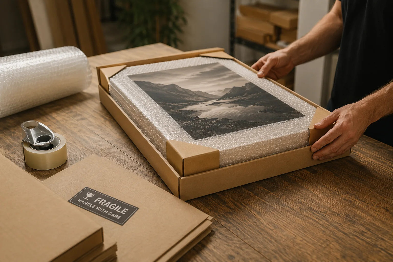 A personalised print being carefully packed in the Yorkshire workshop