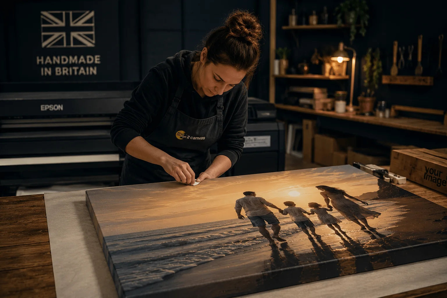 A personalised photo canvas being checked and finished by hand