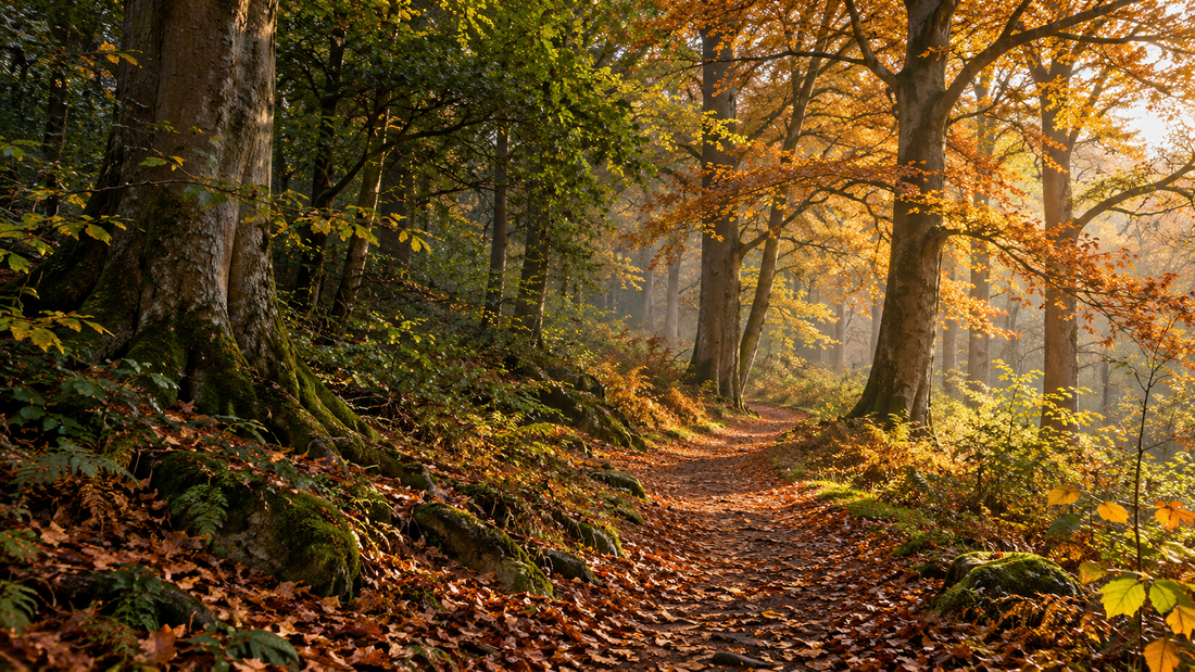 Sunlight through an autumn woodland canopy above a winding path; AI illustration