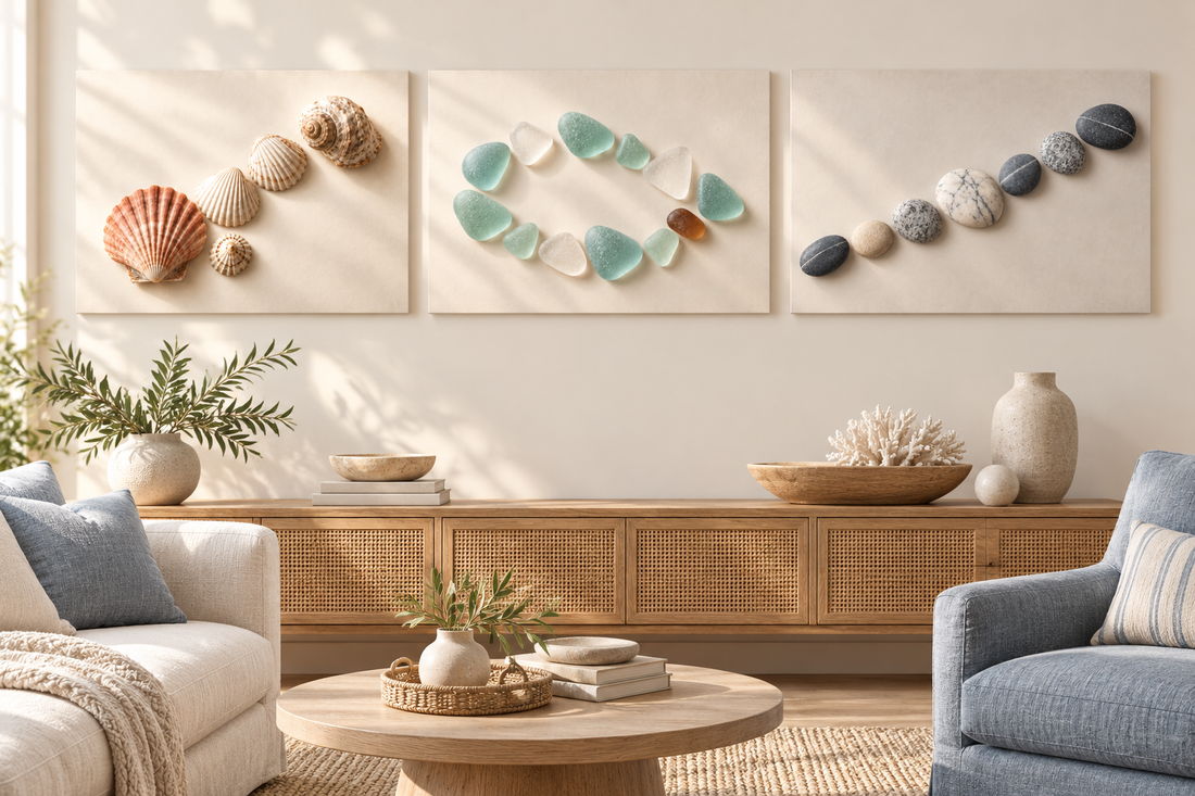Imagined warm living room with three complete shell, glass and pebble canvases across the upper wall.