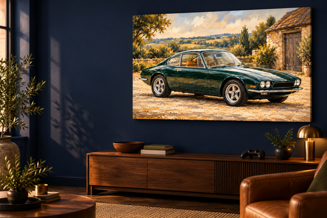 Fictional green classic car painting on canvas in an imagined navy and walnut games room.