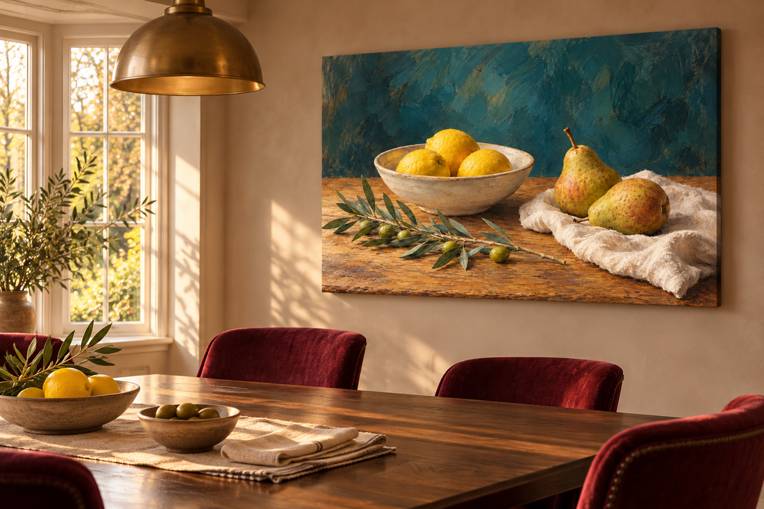 A dining room with a large lemon and pear still-life canvas, burgundy chairs and walnut table.