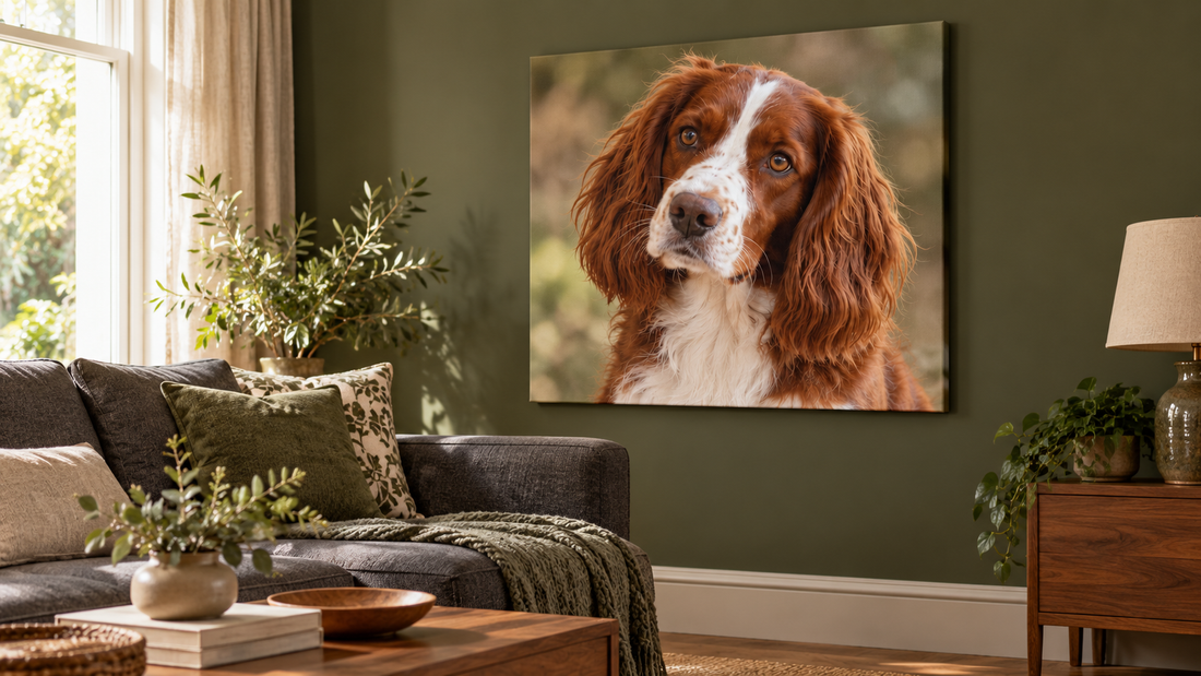 Illustrative chestnut-and-white spaniel portrait on canvas in an olive-green sitting room.