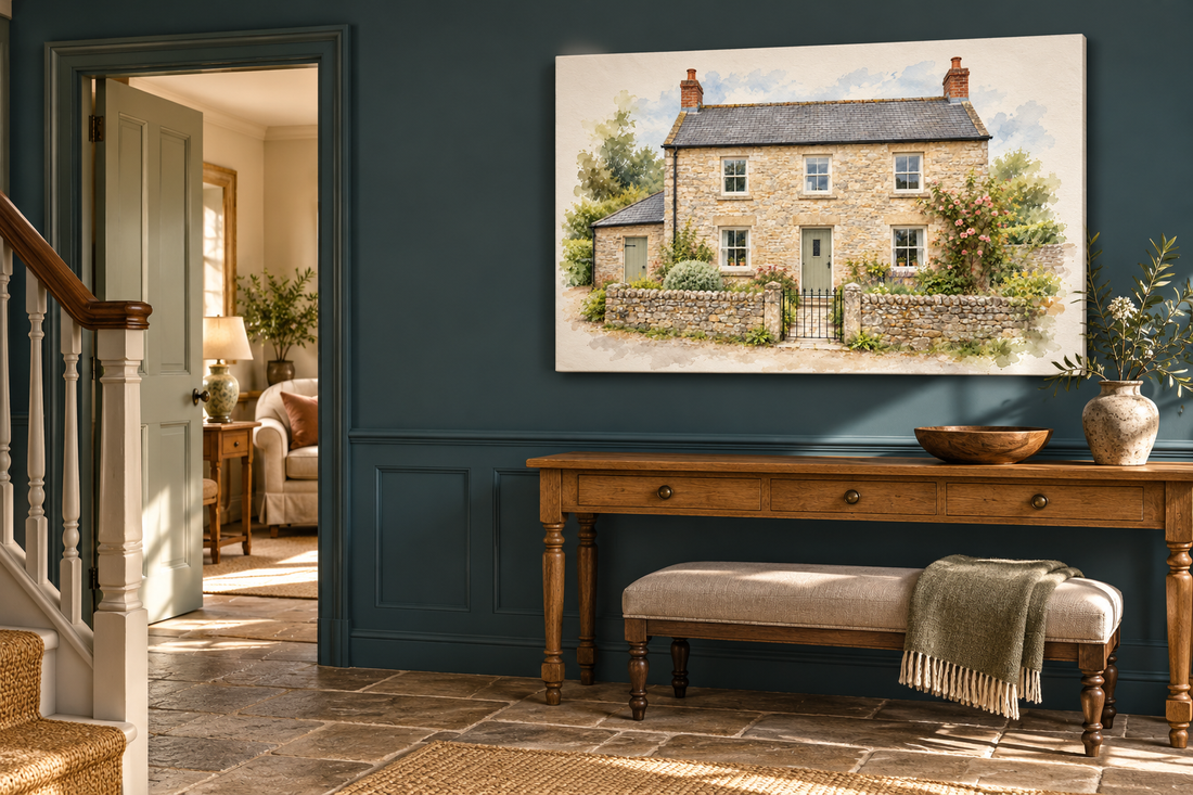 An imagined petrol-blue entrance hall with a large stone-cottage watercolour canvas above a warm oak console.