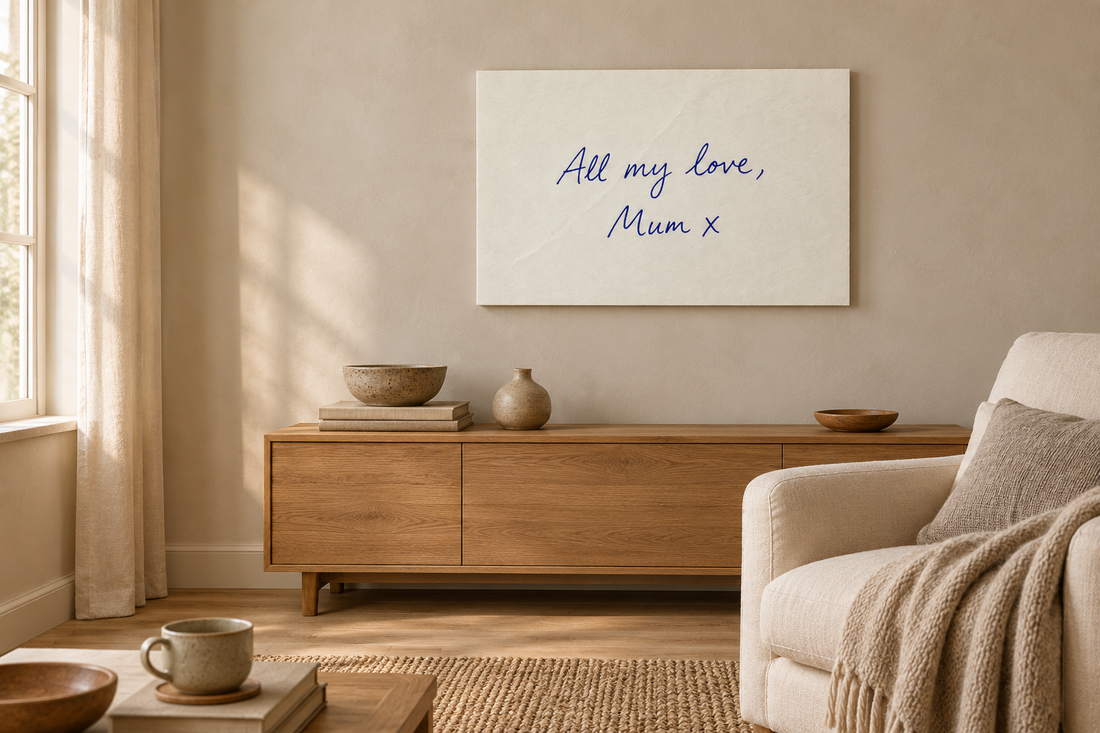 Imagined warm reading nook with the invented All my love, Mum x note on a complete canvas.