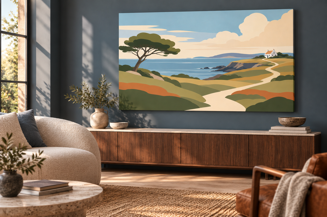 A contemporary collected interior with a graphic coastal canvas above a walnut credenza.