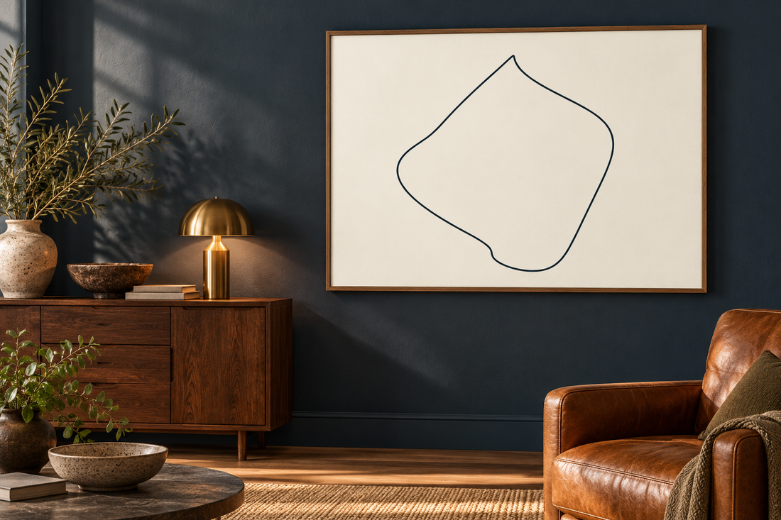 An imagined dark blue room with complete pale route-inspired artwork in a wood surround.