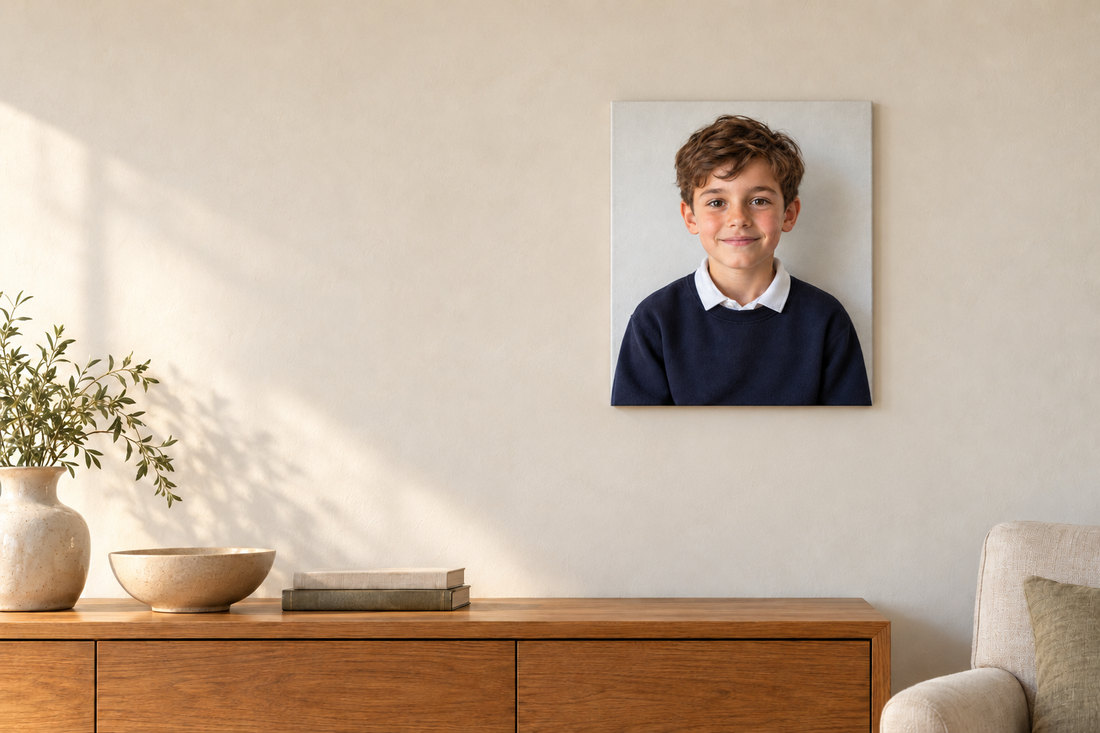 Fictional school-style portrait displayed on a canvas above an oak sideboard in an imagined home.