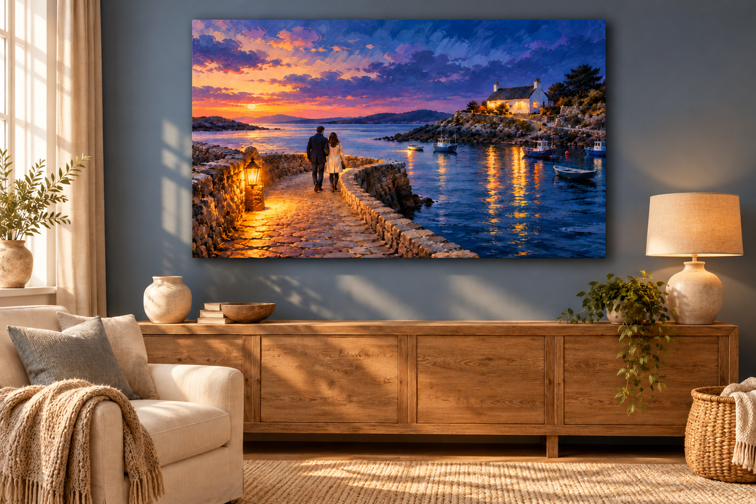 Imagined warm blue-grey living room with a complete harbour canvas and quiet oak furniture.