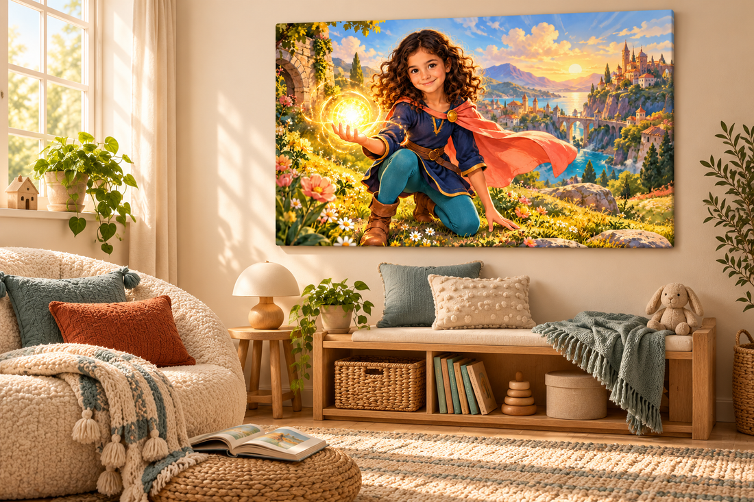 Invented ivory and oak reading corner with a complete vivid child light-guardian canvas high on the wall.
