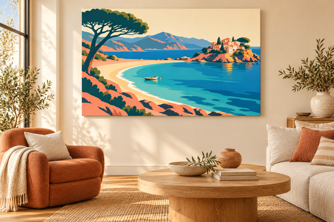 Imagined warm living room with a complete graphic coastal canvas above quiet furniture.