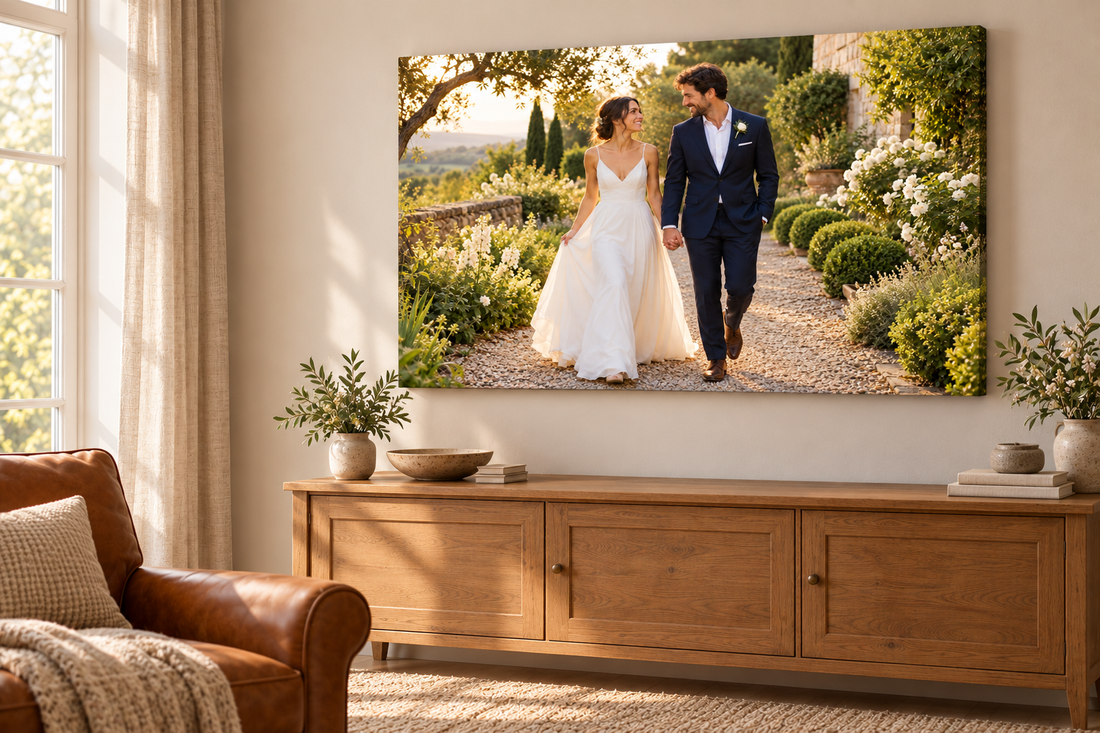 An imagined warm sitting room with a landscape canvas of the fictional wedding couple above an oak console.