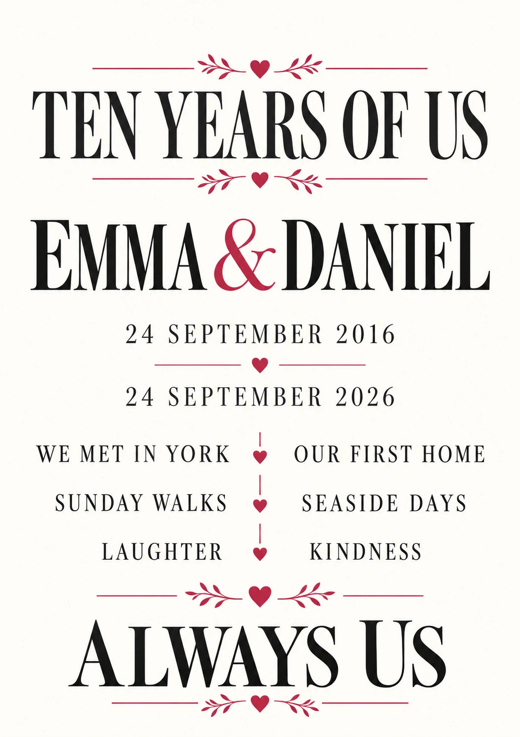 AI anniversary word art with Emma and Daniel, ten years of us, 2016 and 2026 dates and personal memories