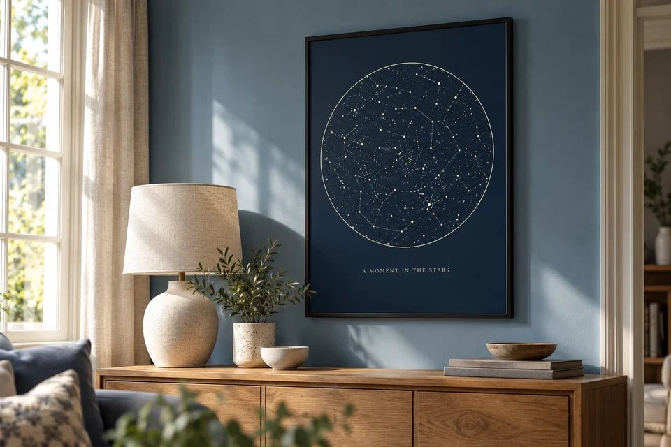 A navy star-map-style paper poster in a slim frame above a living-room console.