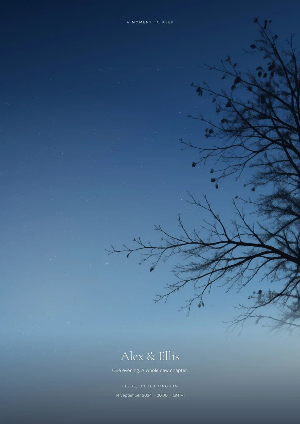 Under This Sky made in the YI2C app with fictional Alex & Ellis wording.