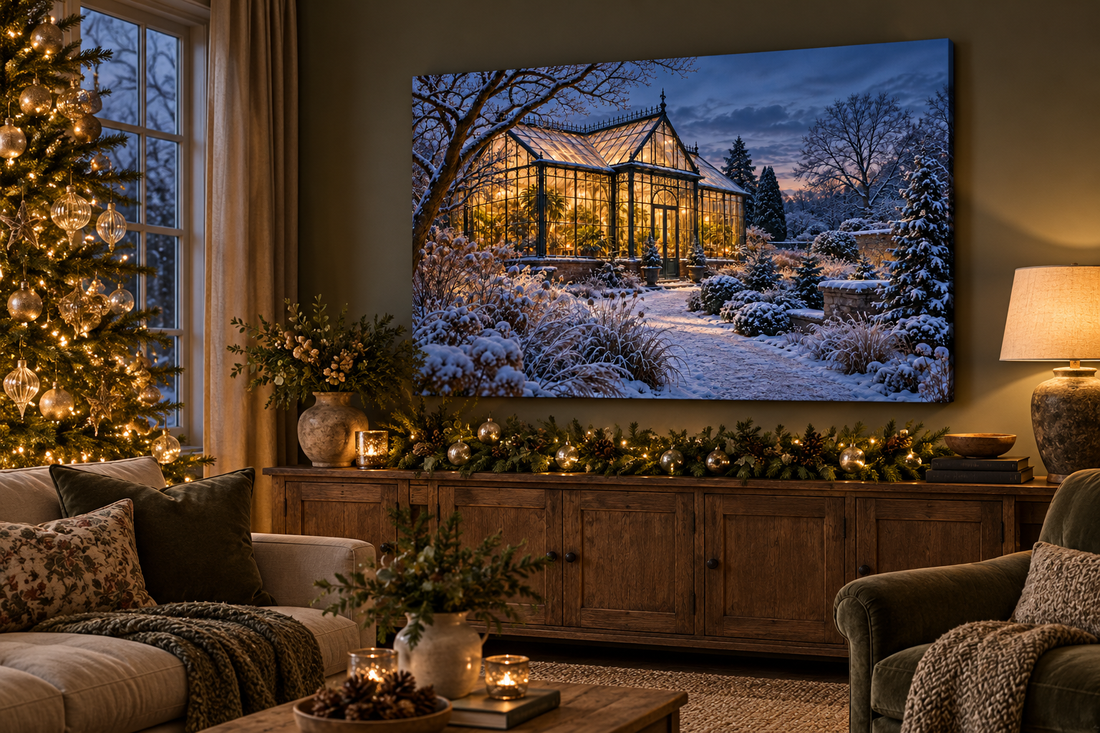 An elegant Christmas living room with a large winter-glasshouse canvas above an oak sideboard and a softly lit tree to the left.