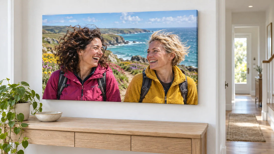 A canvas showing two friends laughing on a colourful coastal walk, displayed in a bright hallway.