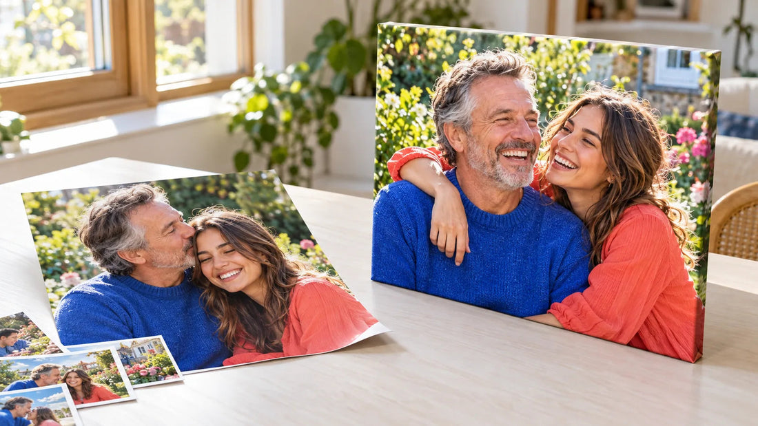 Separate canvas and matte poster prints showing a father and daughter laughing together in a garden.