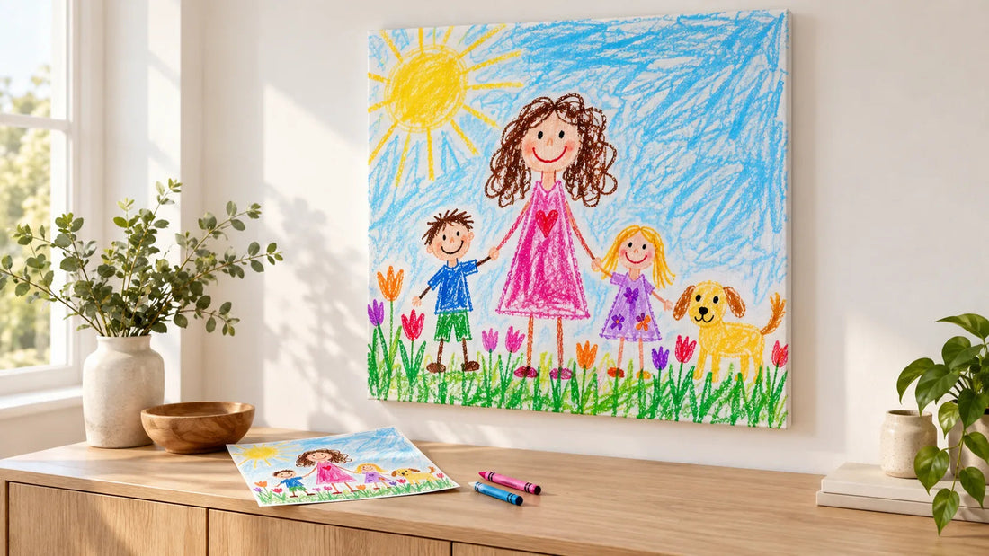 A colourful childlike drawing of a mother, two children and a dog reproduced on a square canvas above a sideboard.