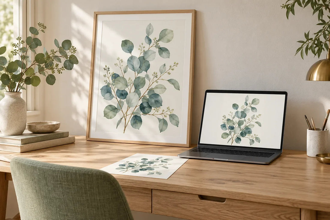 A botanical artwork poster in a light wood frame beside a laptop in a calm study.