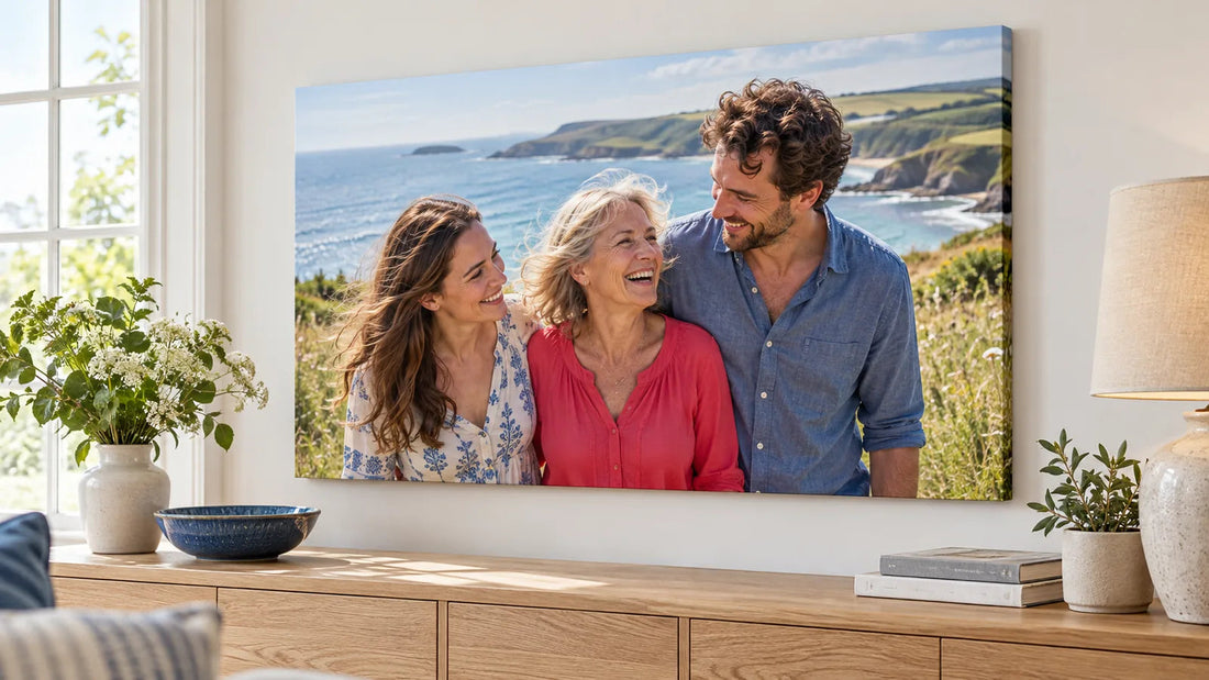 A family photograph of a mother and her adult children displayed on a landscape canvas above an oak sideboard.