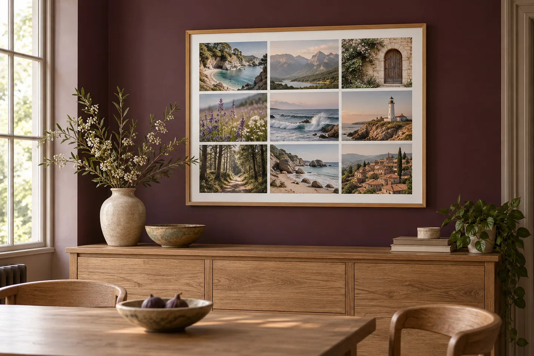 A framed nine-photo travel collage poster displayed in a plum-coloured dining room.