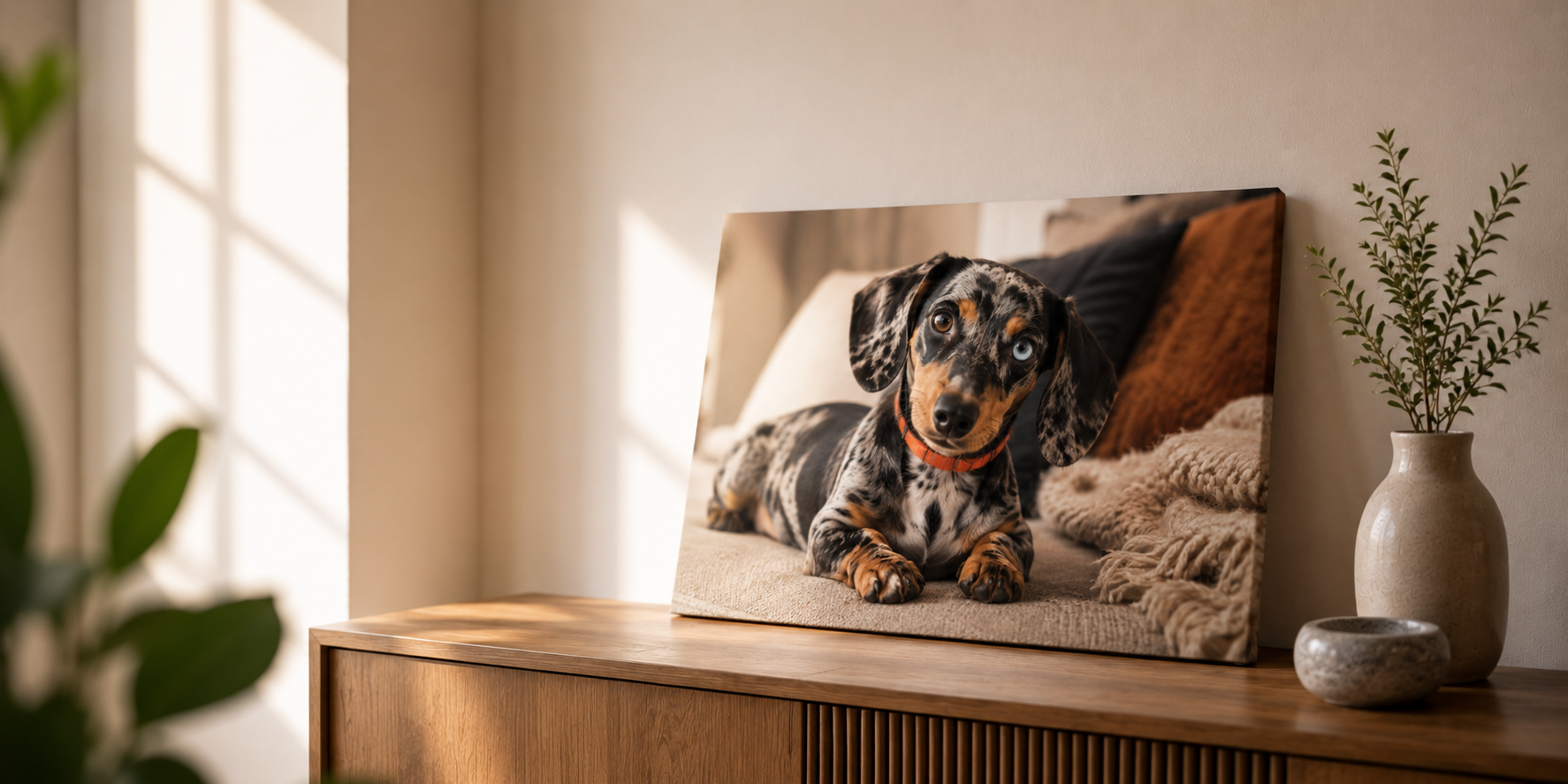 Personalised dachshund photo canvas displayed above a wooden console