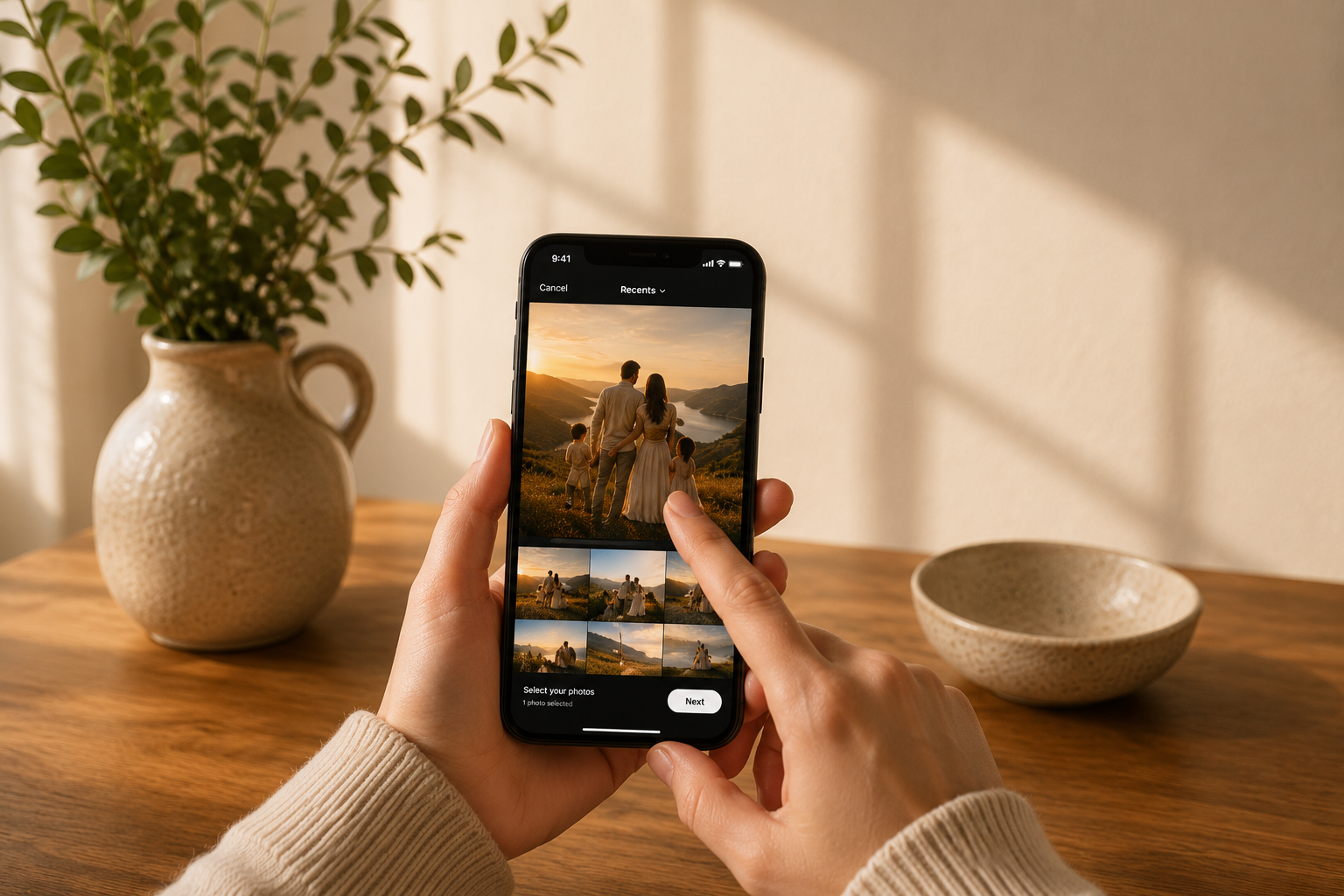 Choosing a family photograph on a phone to create a canvas print