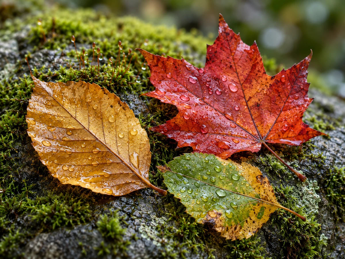 Amber, red and green fallen leaves with water drops on mossy stone; AI illustration