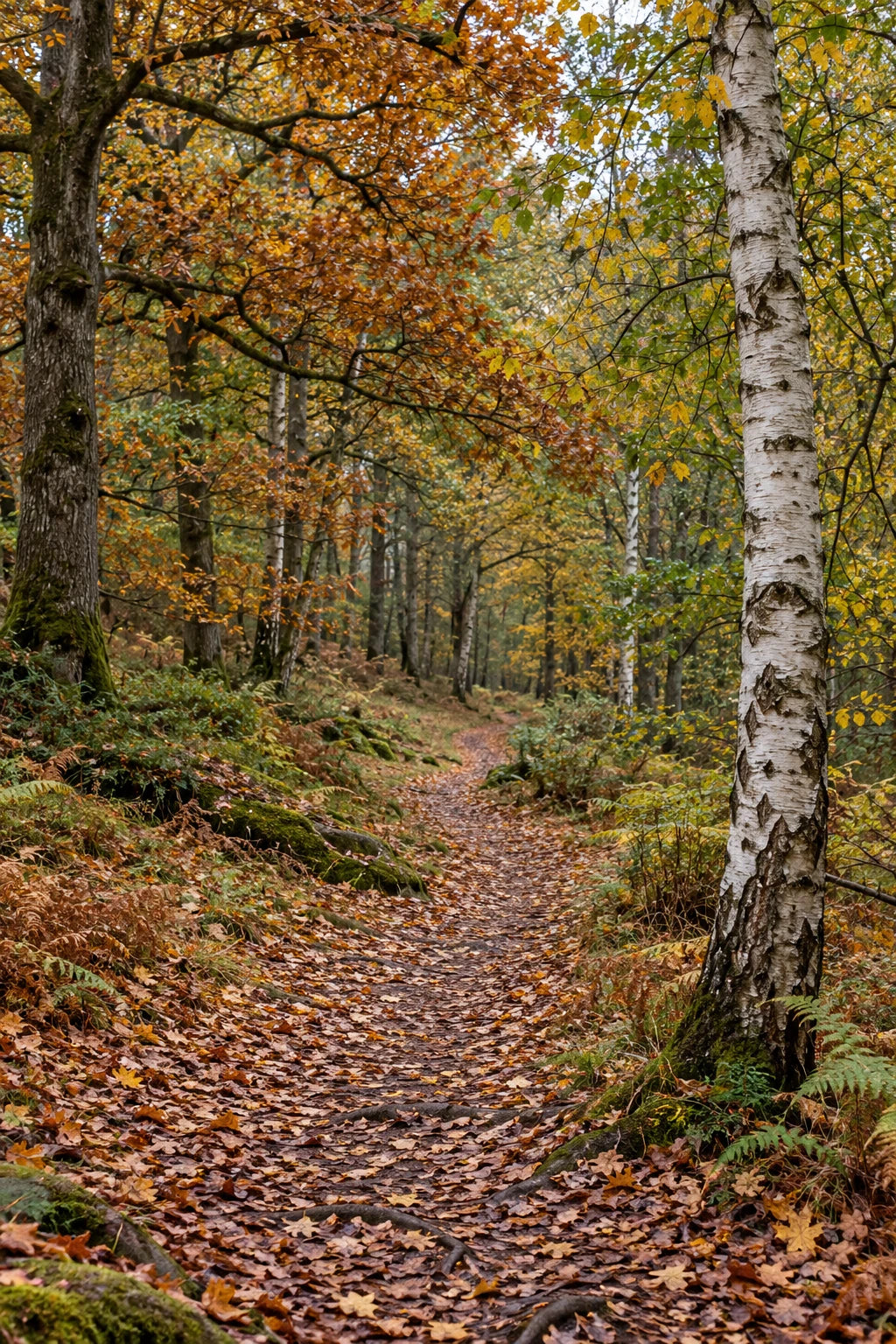 Vertical woodland composition with pale birch trunks and a receding path; AI illustration
