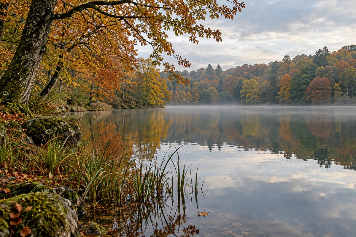 Autumn trees reflected across a calm lake with foreground reeds; AI illustration