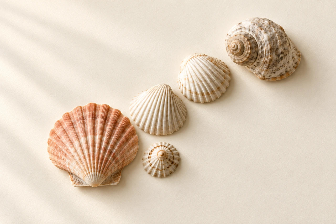 Peach and ivory shells with a weathered spiral shell arranged diagonally on a warm background.