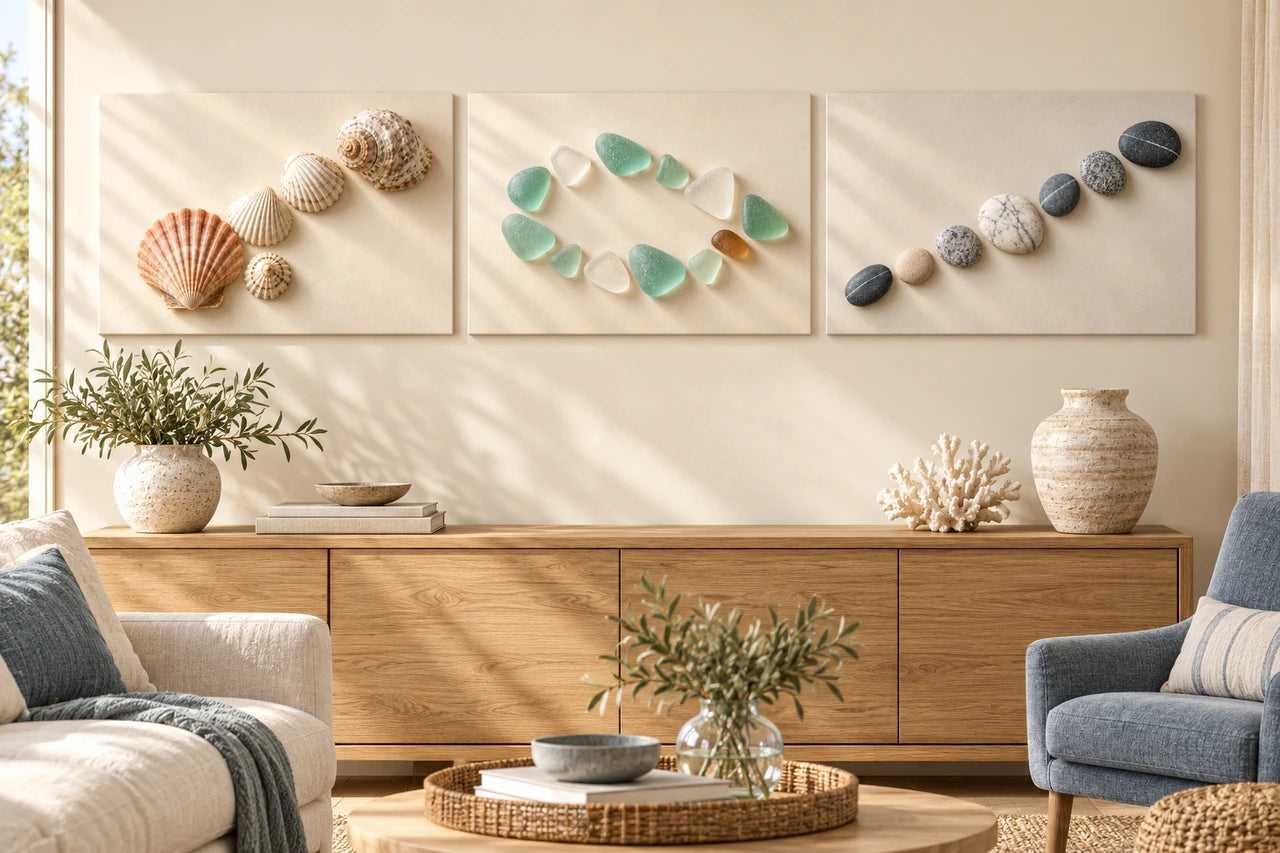 Imagined living room with separate shell, sea-glass and pebble artworks side by side above an oak sideboard.