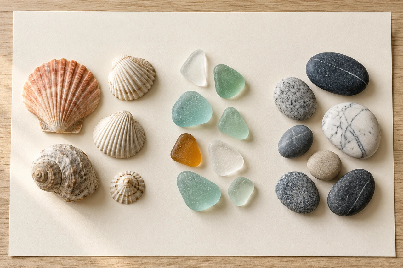 Fictional shells, frosted sea glass and smooth pebbles arranged in three groups on ivory card.