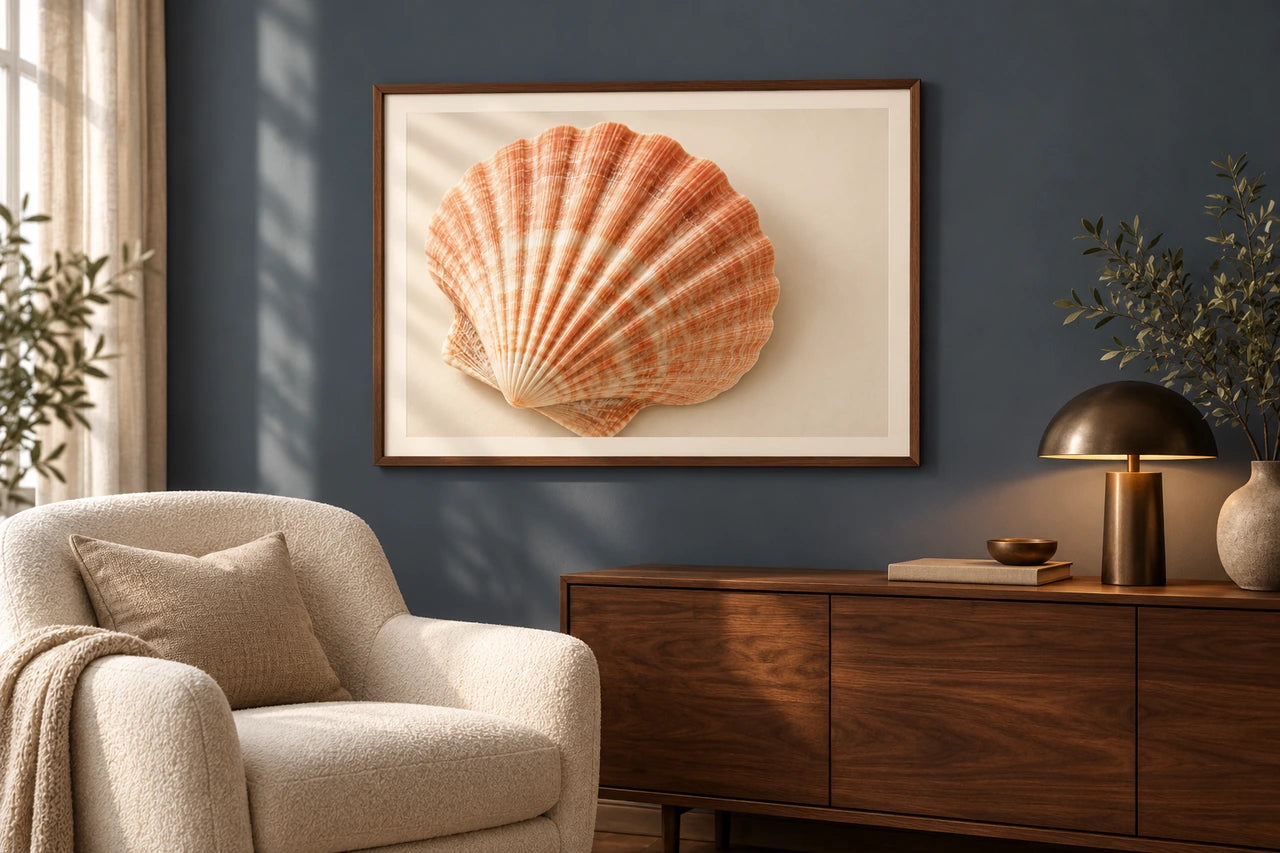 Imagined blue-grey reading corner with a peach-shell close-up in a walnut frame above warm furniture.