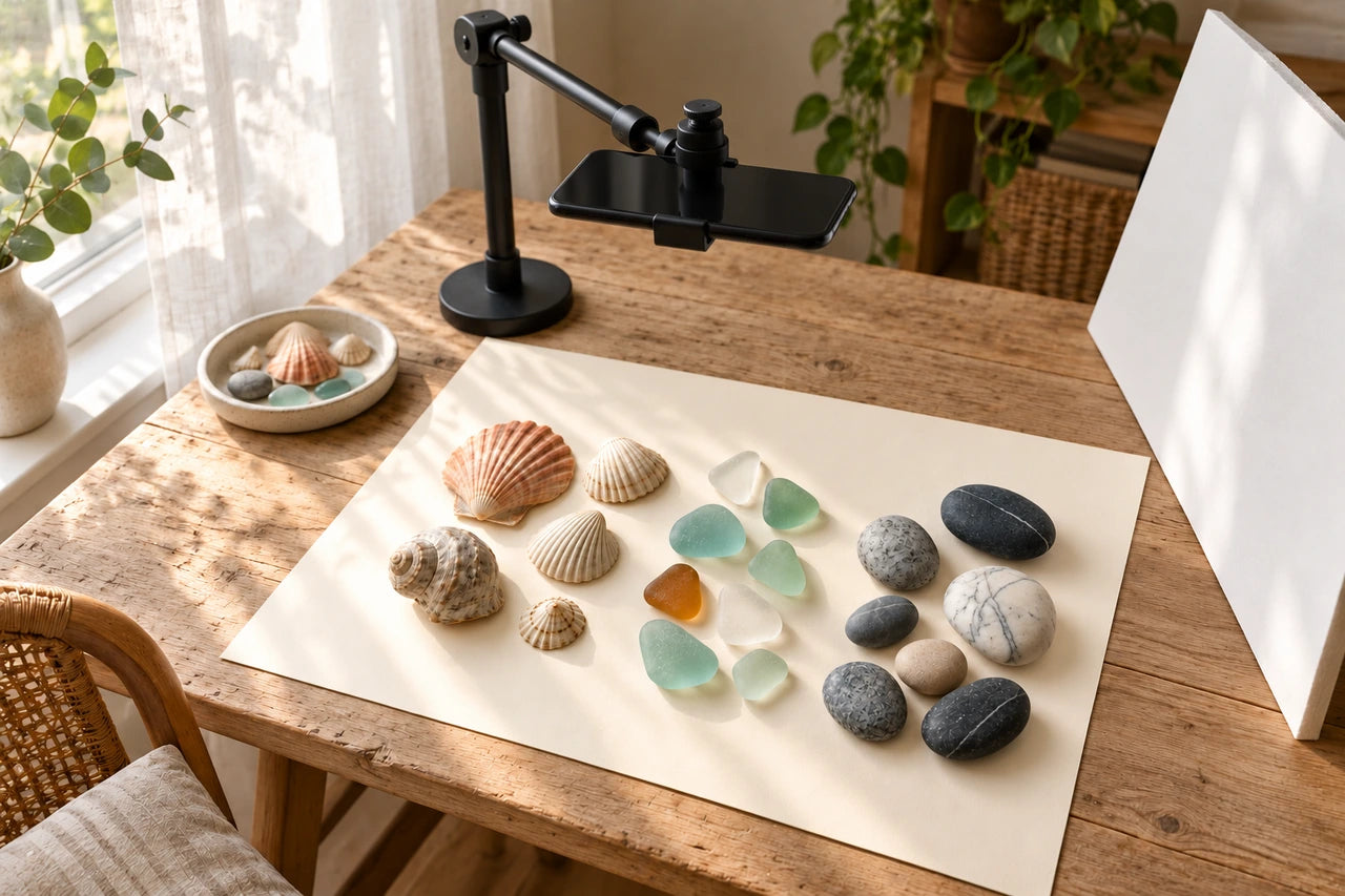 Imagined tabletop setup with a phone screen facing upward above shells, glass and pebbles beside a window and reflector.