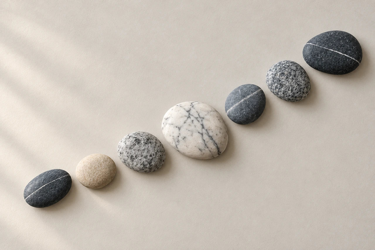 Separate blue-grey, charcoal and pale pebbles arranged in a loose ascending diagonal.