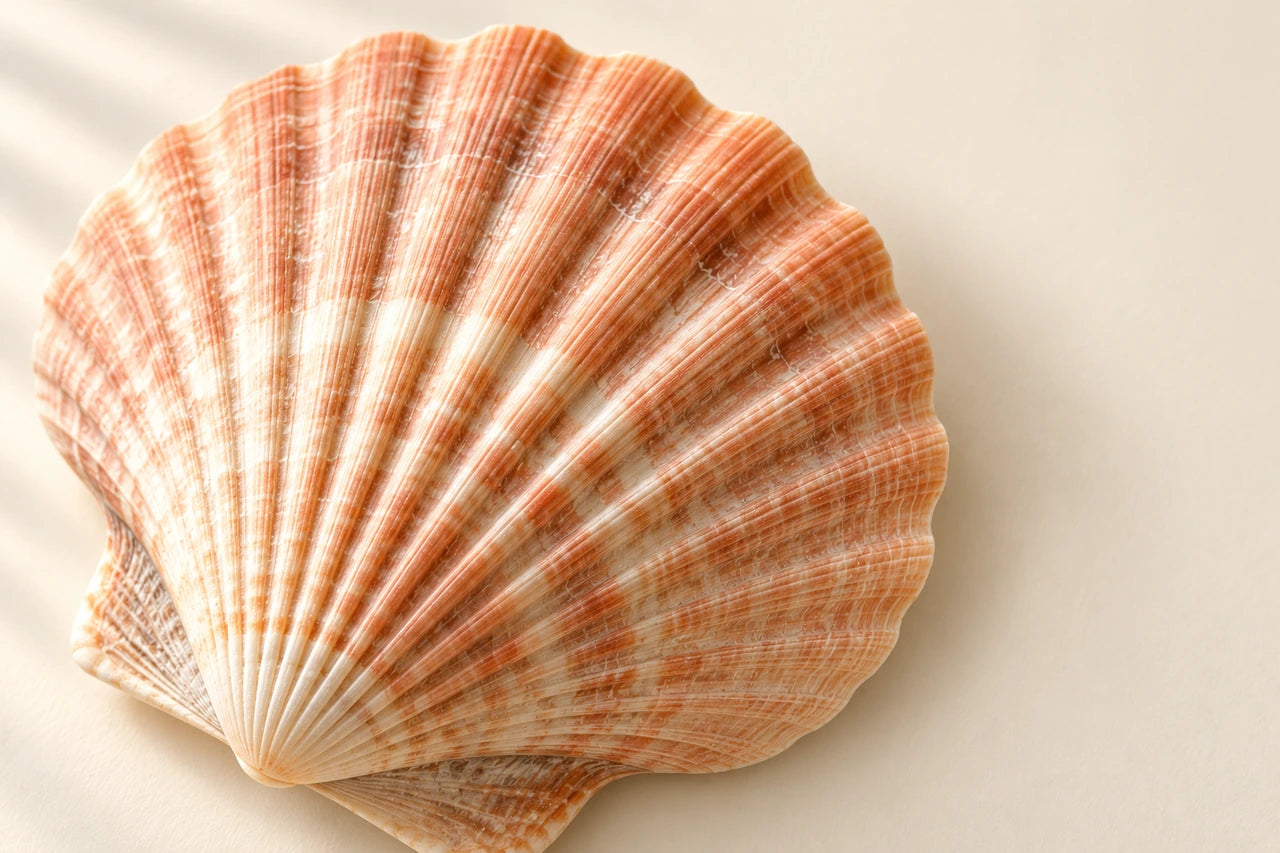 Macro-style peach and cream scallop-shell ridges filling most of the frame against warm ivory.