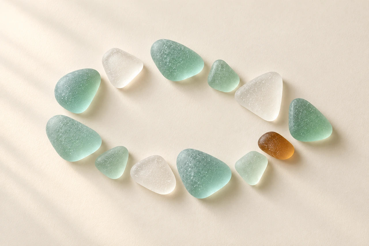 Frosted aqua, green and milky glass in an open oval with one amber accent.