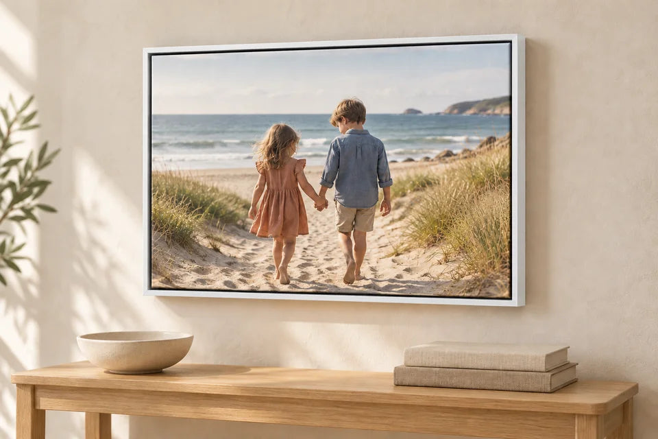 The same children’s beach canvas shown with a white floating frame.